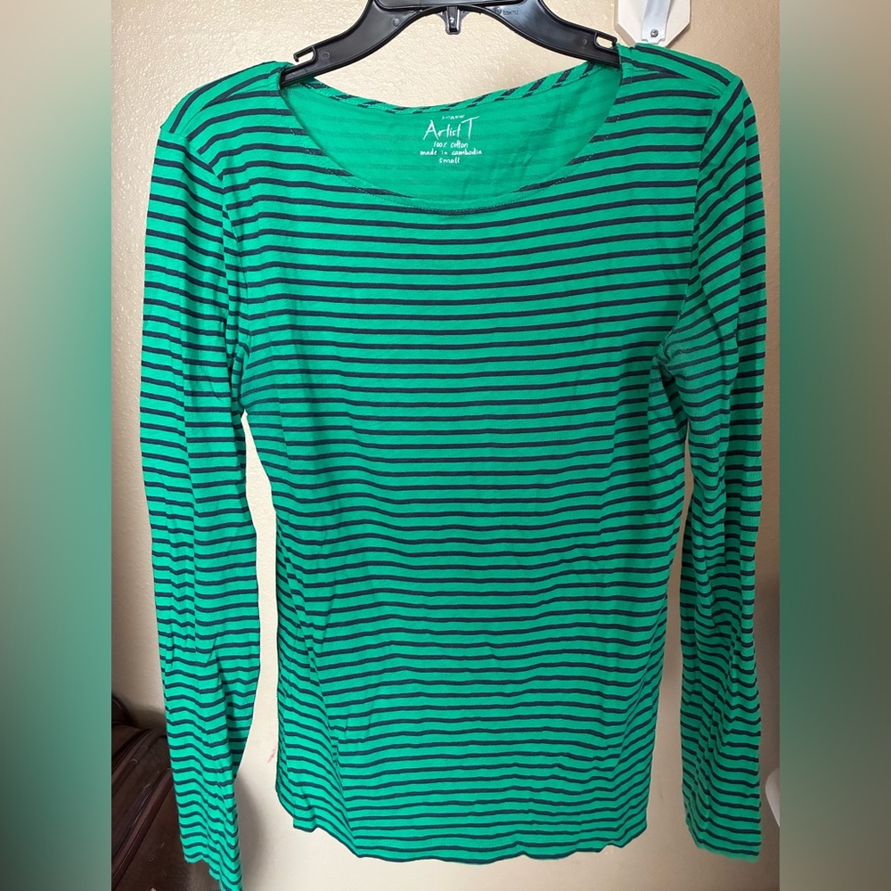 J. Crew Artist T Green and Black Striped Long Sleeve Tee